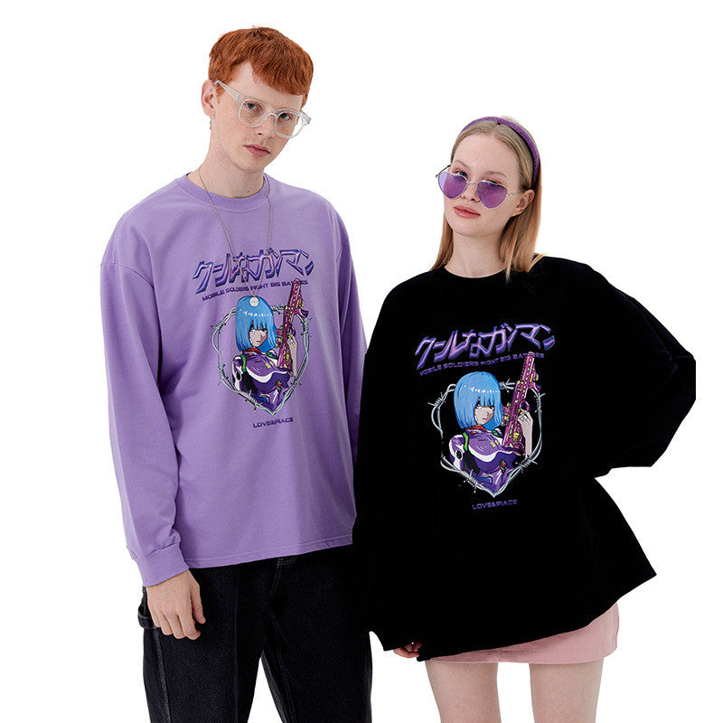 Anime Print T-shirt Men And Women Couple Long-sleeved Loose Casual Bottoming Top