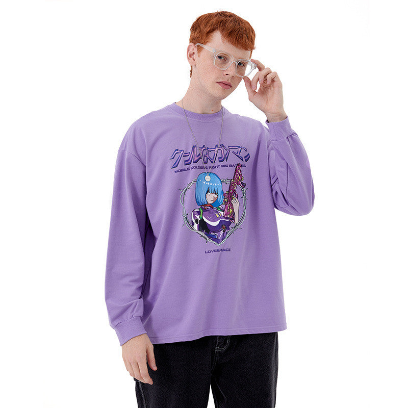 Anime Print T-shirt Men And Women Couple Long-sleeved Loose Casual Bottoming Top