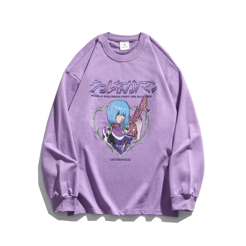 Anime Print T-shirt Men And Women Couple Long-sleeved Loose Casual Bottoming Top