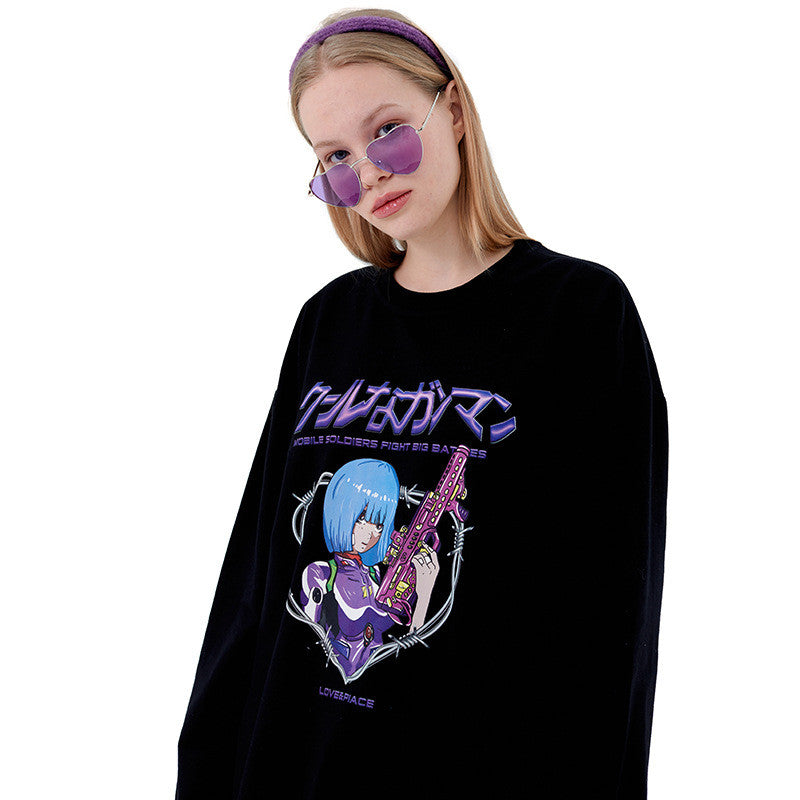 Anime Print T-shirt Men And Women Couple Long-sleeved Loose Casual Bottoming Top