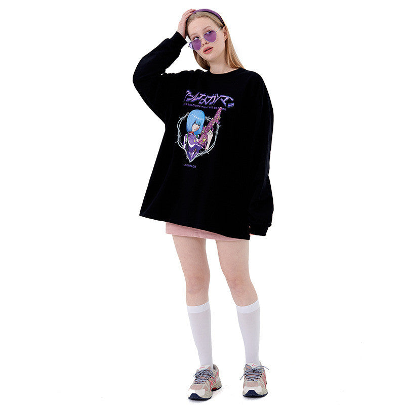 Anime Print T-shirt Men And Women Couple Long-sleeved Loose Casual Bottoming Top